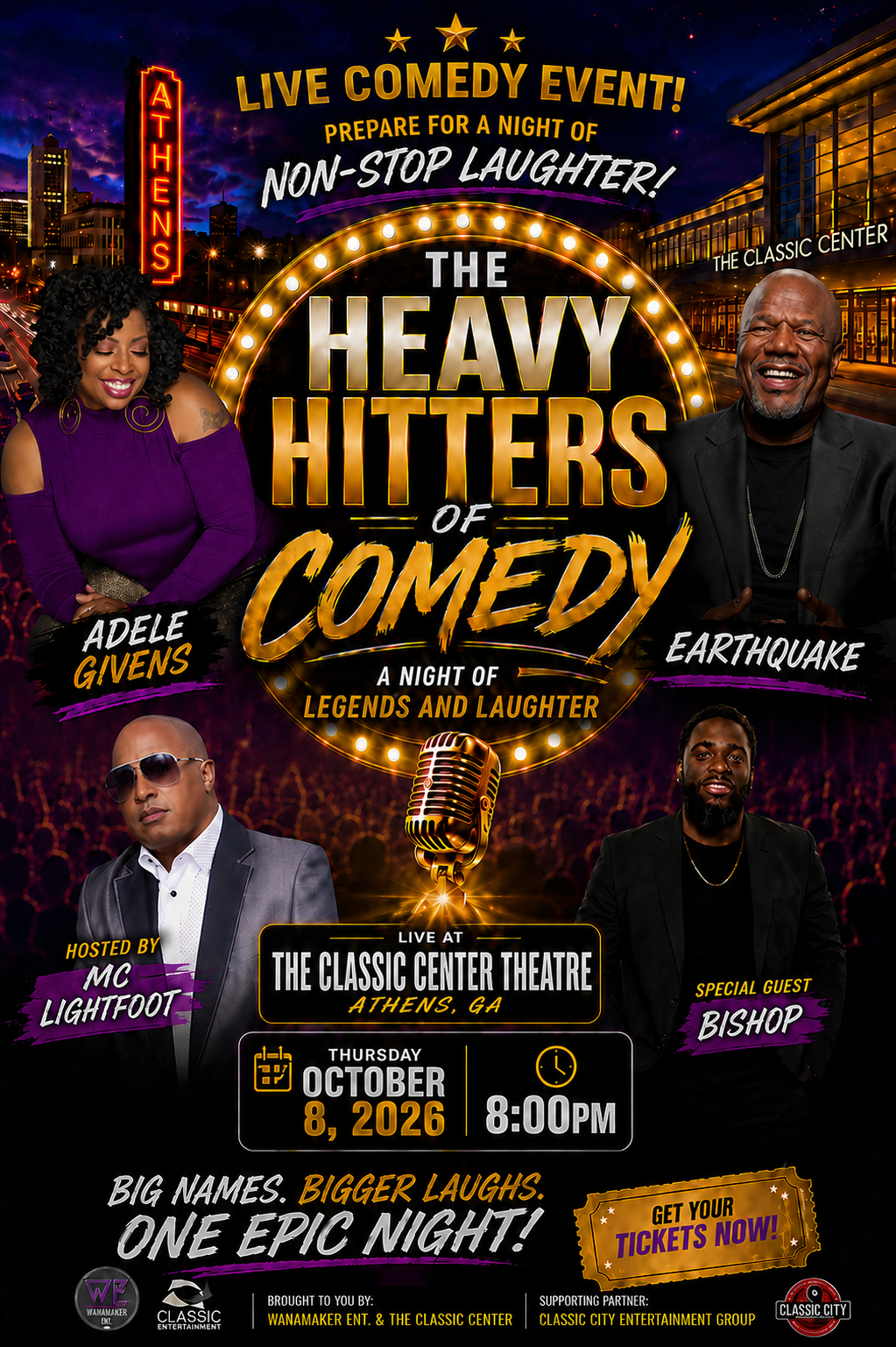 The Heavy Hitters of Comedy flyer — October 8, 2026 at The Classic Center Theatre, Athens, GA